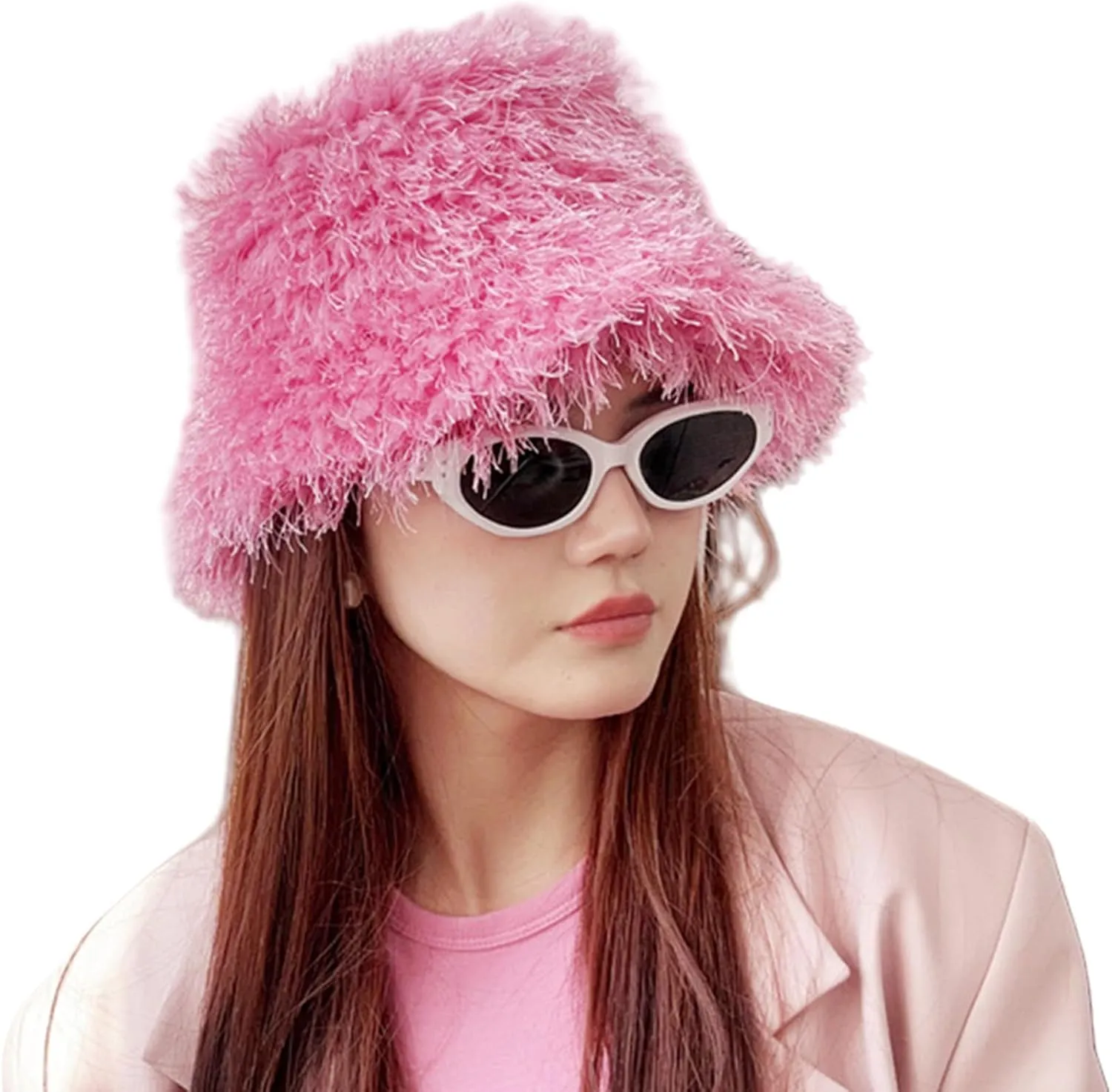 Women Fuzzy Bucket Hat Winter Warm Furry Faux Fur Hat Wide Brim Cute Fluffy Plush Outdoor Fisherman Caps
