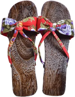 Women Geta Sandals Japanese Wooden Clog Sandals Women's Kimono One Word Dragging Japanese Traditional Summer Slippers High Heel Kimono Sandals (Size:EU 37,Color:Red)