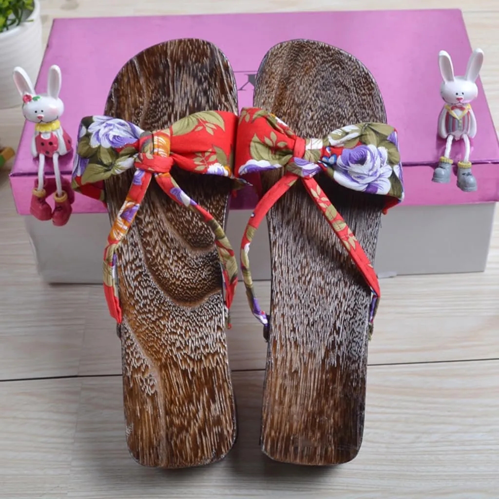 Women Geta Sandals Japanese Wooden Clog Sandals Women's Kimono One Word Dragging Japanese Traditional Summer Slippers High Heel Kimono Sandals (Size:EU 37,Color:Red)