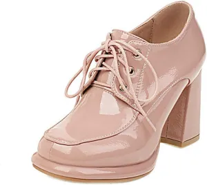 Women Patent PU Leather Pumps Platform Chunky High Heel Square Toe Comfy Lace Up Oxford Dress Shoes