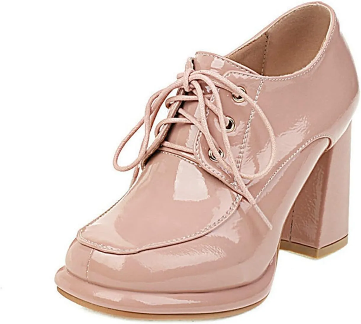 Women Patent PU Leather Pumps Platform Chunky High Heel Square Toe Comfy Lace Up Oxford Dress Shoes