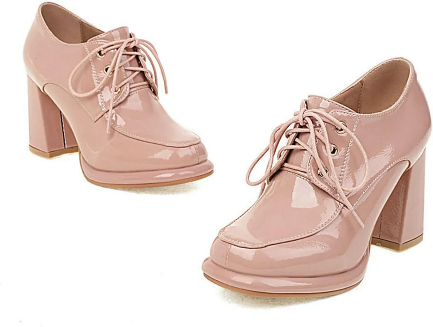 Women Patent PU Leather Pumps Platform Chunky High Heel Square Toe Comfy Lace Up Oxford Dress Shoes