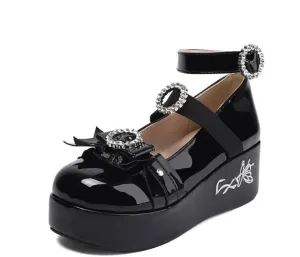 Women Platform Bow Gothic Mary Jane Creepers with Rhinestones