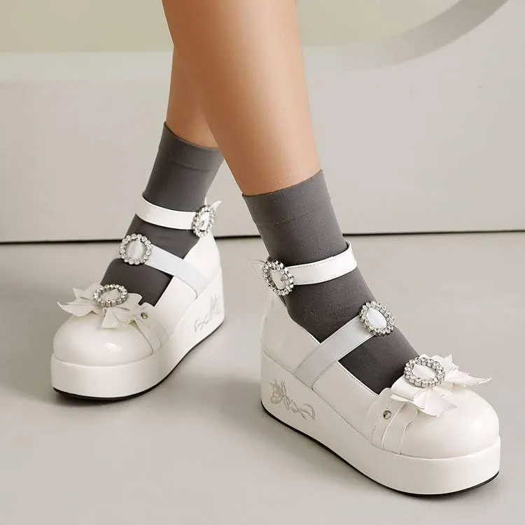 Women Platform Bow Gothic Mary Jane Creepers with Rhinestones