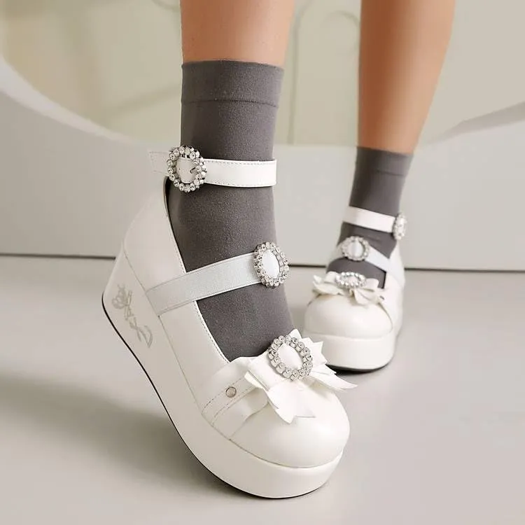 Women Platform Bow Gothic Mary Jane Creepers with Rhinestones