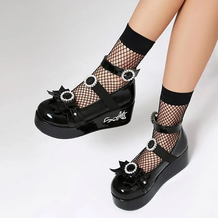 Women Platform Bow Gothic Mary Jane Creepers with Rhinestones