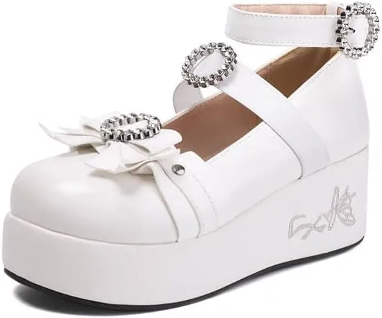 Women Platform Bow Gothic Mary Jane Creepers with Rhinestones