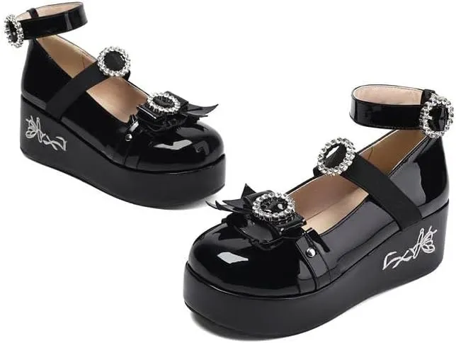 Women Platform Bow Gothic Mary Jane Creepers with Rhinestones