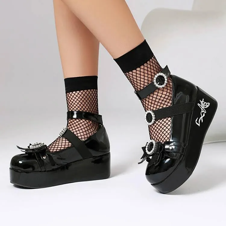 Women Platform Bow Gothic Mary Jane Creepers with Rhinestones