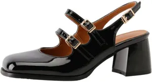 Women Slingback Mary Jane Pumps Buckle Strap Fashion Square Toe Chunky Mid Heeled Office Dress Shoes