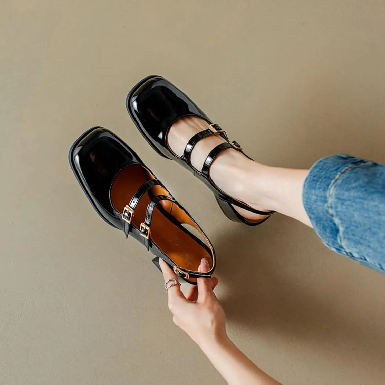 Women Slingback Mary Jane Pumps Buckle Strap Fashion Square Toe Chunky Mid Heeled Office Dress Shoes
