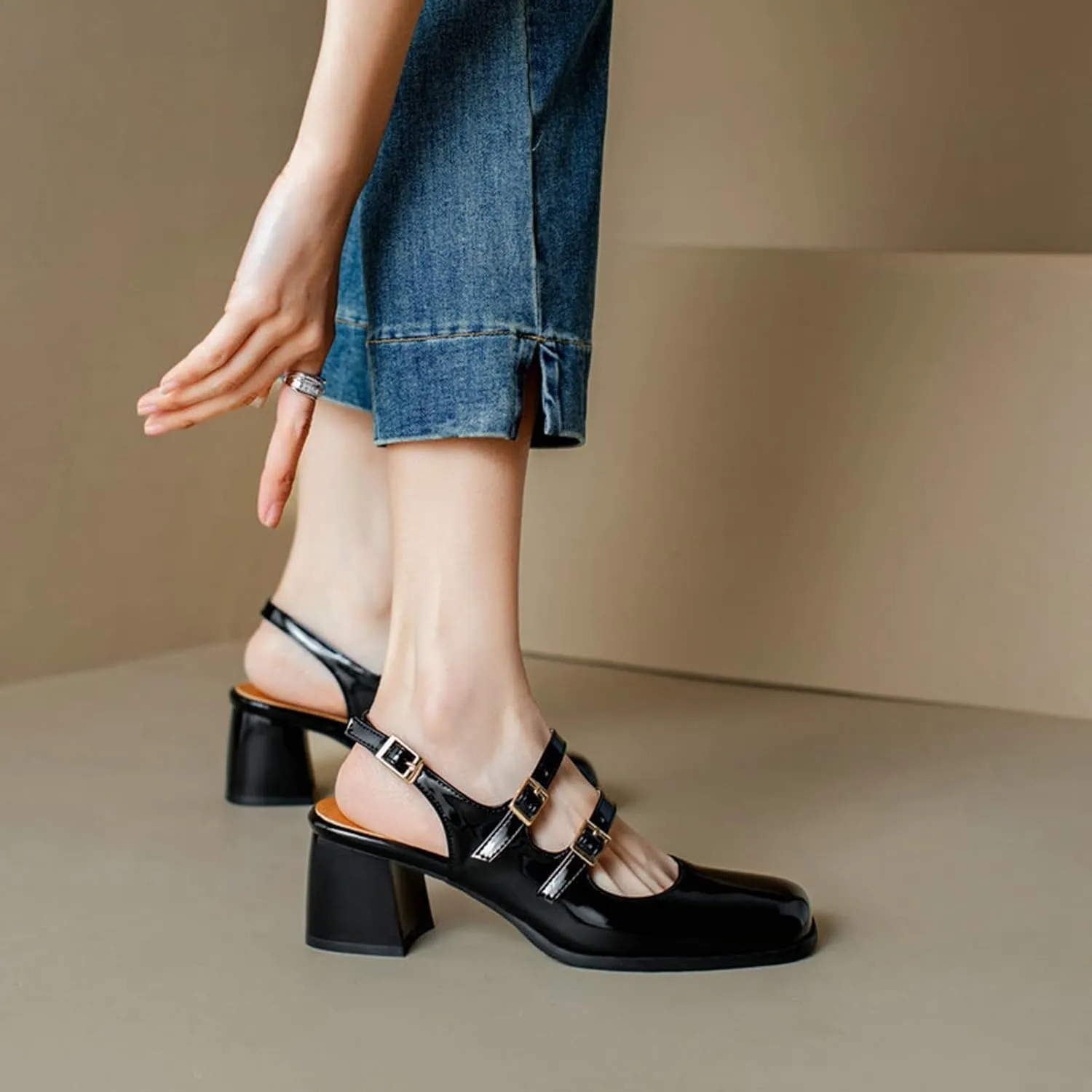Women Slingback Mary Jane Pumps Buckle Strap Fashion Square Toe Chunky Mid Heeled Office Dress Shoes