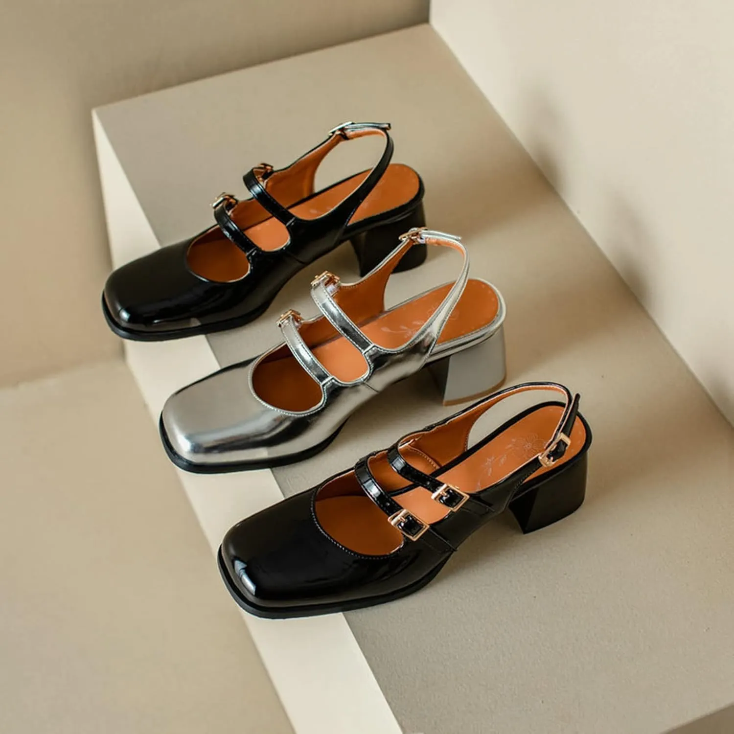 Women Slingback Mary Jane Pumps Buckle Strap Fashion Square Toe Chunky Mid Heeled Office Dress Shoes