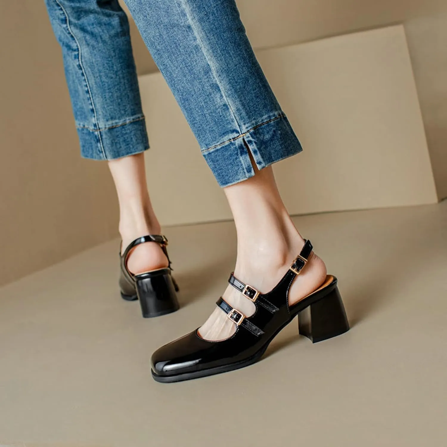 Women Slingback Mary Jane Pumps Buckle Strap Fashion Square Toe Chunky Mid Heeled Office Dress Shoes