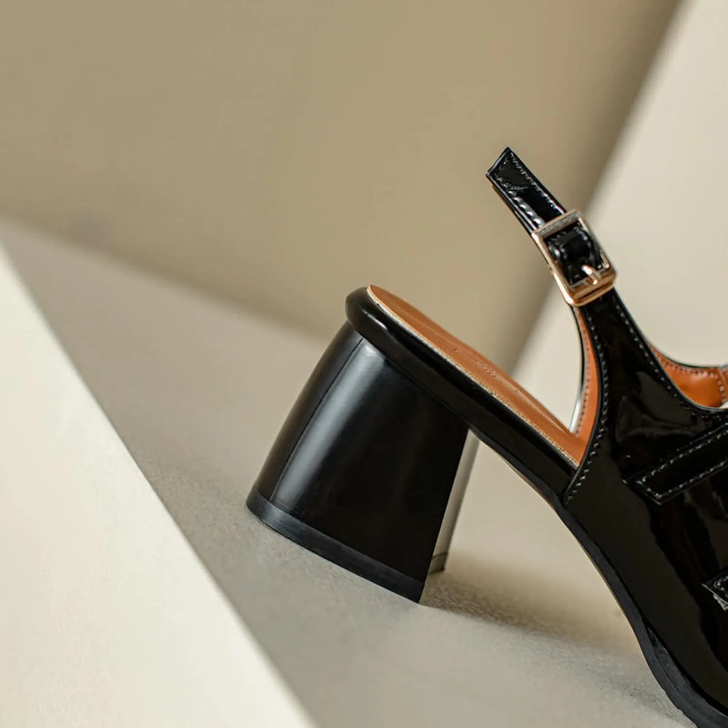 Women Slingback Mary Jane Pumps Buckle Strap Fashion Square Toe Chunky Mid Heeled Office Dress Shoes