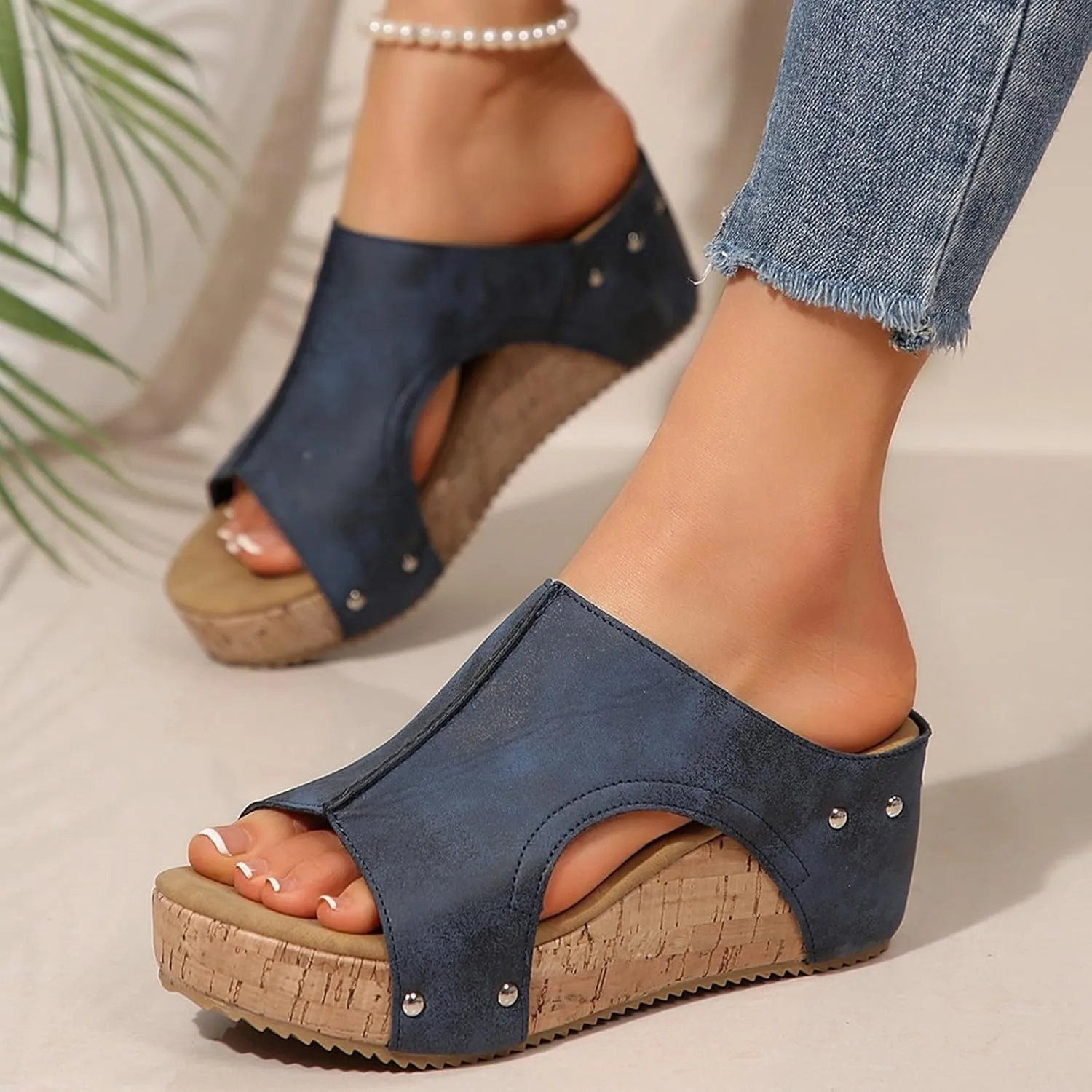 Women Wedge Sandals: Soft Leather Sandal,Comfortable Walking,Platform Slip On Slide Summer Sandals,Summer Beach Casual High Heels