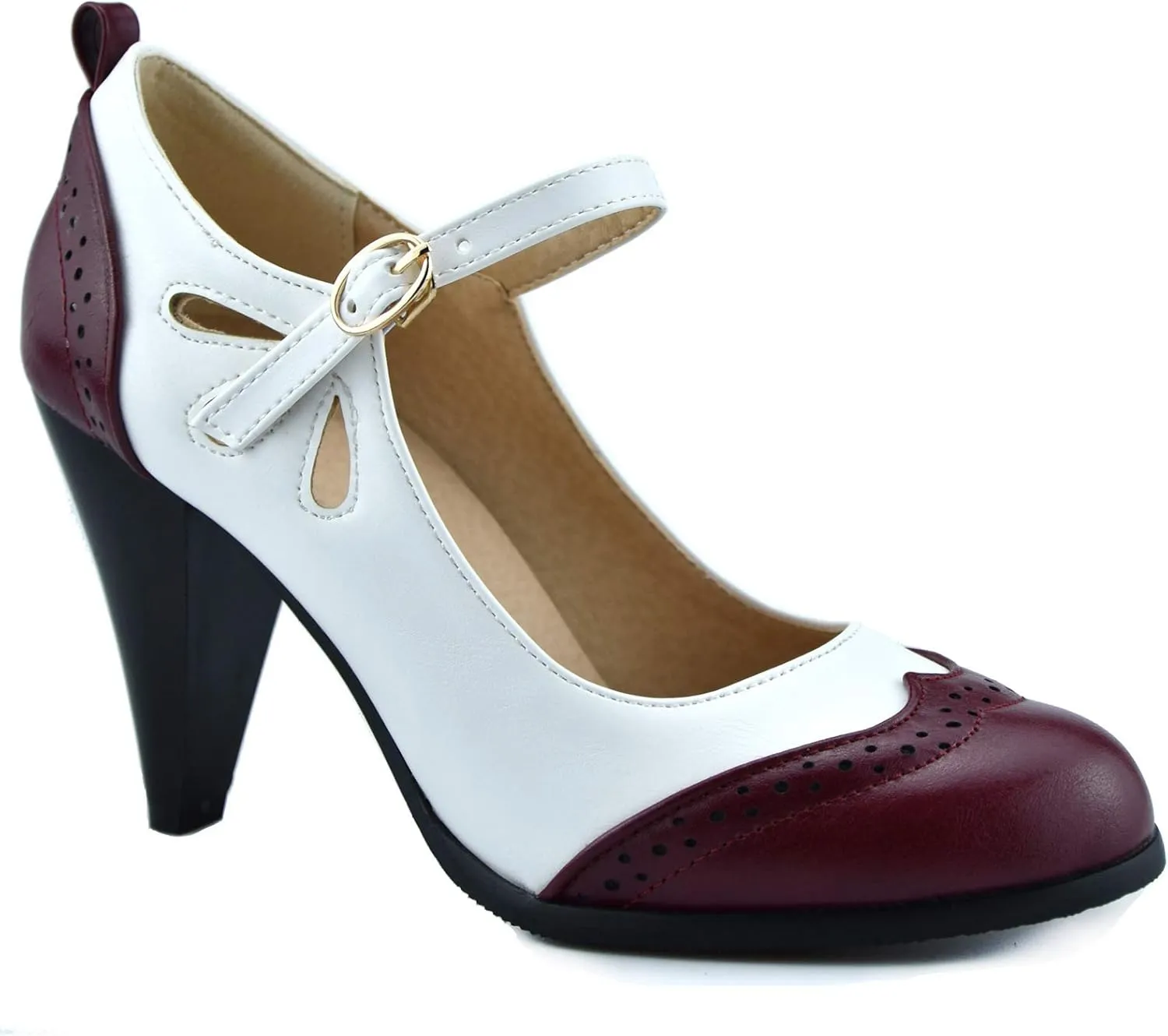 Womens Brown Retro Mary Jane Oxford High Heels Pumps Shoes for Women Teardrop Cutout Round Toe Pierced Strappy Oxfords Mary Janes High-Heel Pump Shoe