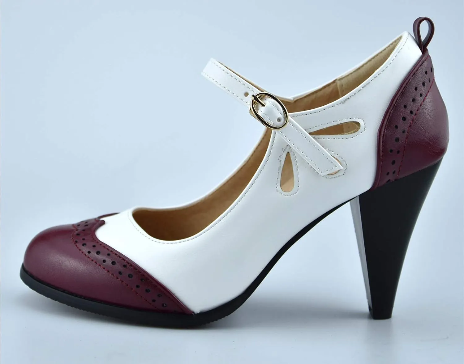 Womens Brown Retro Mary Jane Oxford High Heels Pumps Shoes for Women Teardrop Cutout Round Toe Pierced Strappy Oxfords Mary Janes High-Heel Pump Shoe
