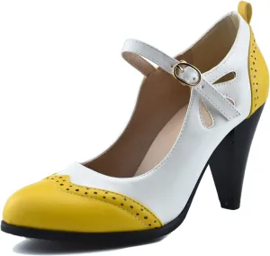 Womens Brown Retro Mary Jane Oxford High Heels Pumps Shoes for Women Teardrop Cutout Round Toe Pierced Strappy Oxfords Mary Janes High-Heel Pump Shoe