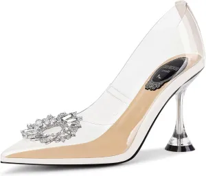Women's Clear Heels Rhinestones Crystal Pumps Pointed Toe Slip On Transparent High Heel Sandals