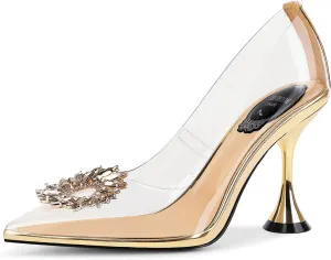 Women's Clear Heels Rhinestones Crystal Pumps Pointed Toe Slip On Transparent High Heel Sandals