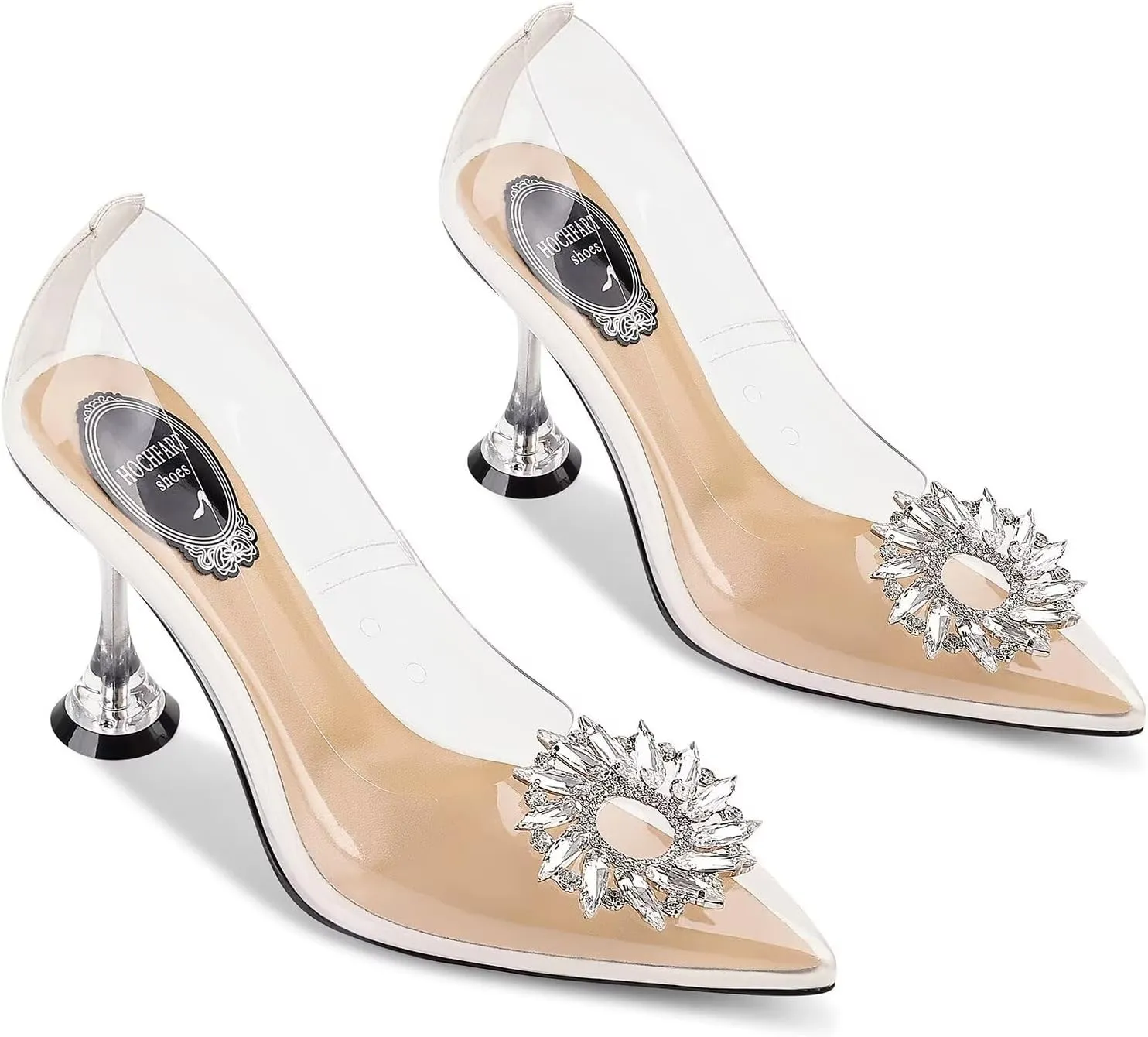 Women's Clear Heels Rhinestones Crystal Pumps Pointed Toe Slip On Transparent High Heel Sandals