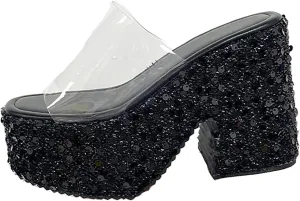Women's Clear Round Open Toe Platform Chunky Heel Slide Sandals Slip-On Fashionable Sequined High Block Heel Mule Sandals Wedding Party Dinner Dress Comfortable Wedge Chunky Heel Slippers