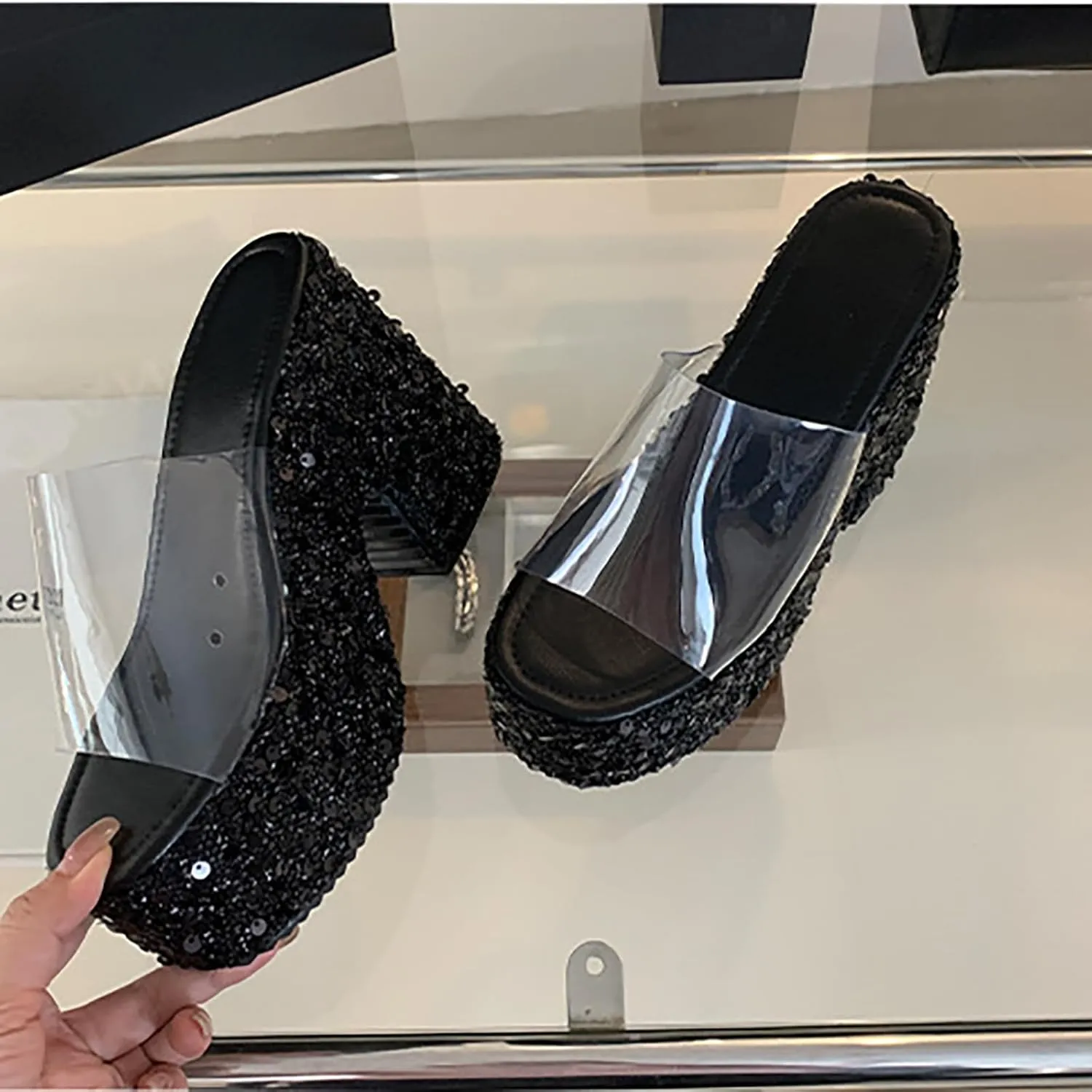 Women's Clear Round Open Toe Platform Chunky Heel Slide Sandals Slip-On Fashionable Sequined High Block Heel Mule Sandals Wedding Party Dinner Dress Comfortable Wedge Chunky Heel Slippers