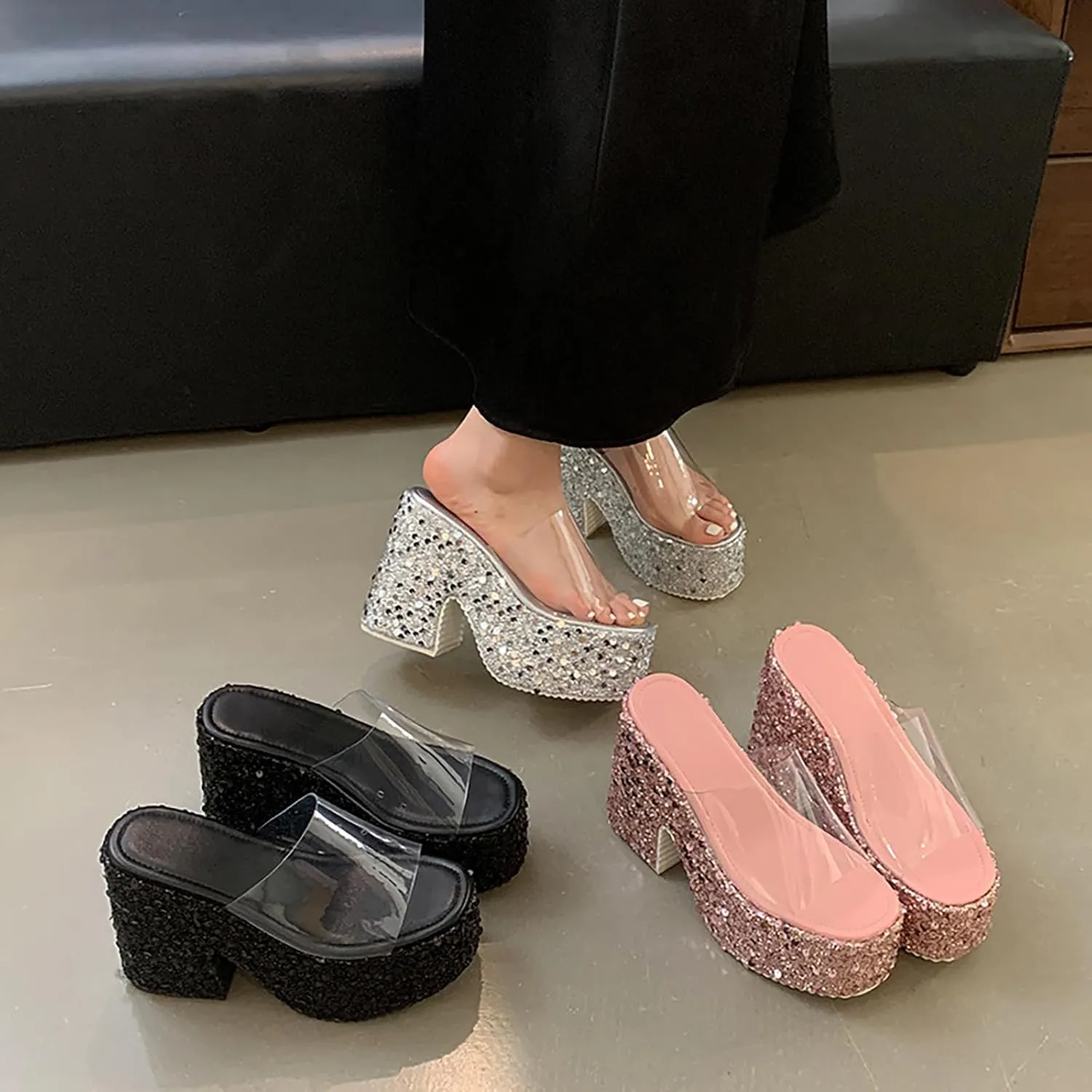Women's Clear Round Open Toe Platform Chunky Heel Slide Sandals Slip-On Fashionable Sequined High Block Heel Mule Sandals Wedding Party Dinner Dress Comfortable Wedge Chunky Heel Slippers