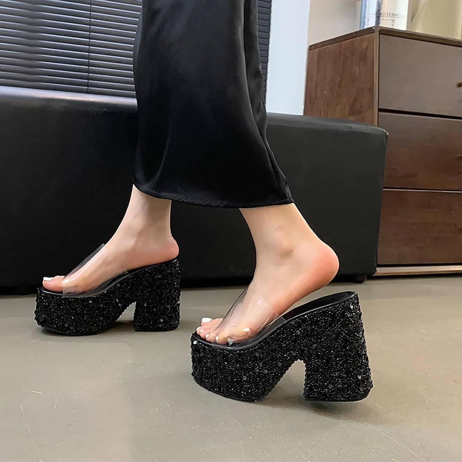 Women's Clear Round Open Toe Platform Chunky Heel Slide Sandals Slip-On Fashionable Sequined High Block Heel Mule Sandals Wedding Party Dinner Dress Comfortable Wedge Chunky Heel Slippers