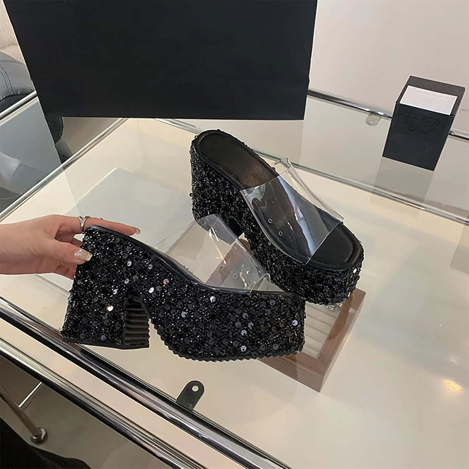 Women's Clear Round Open Toe Platform Chunky Heel Slide Sandals Slip-On Fashionable Sequined High Block Heel Mule Sandals Wedding Party Dinner Dress Comfortable Wedge Chunky Heel Slippers