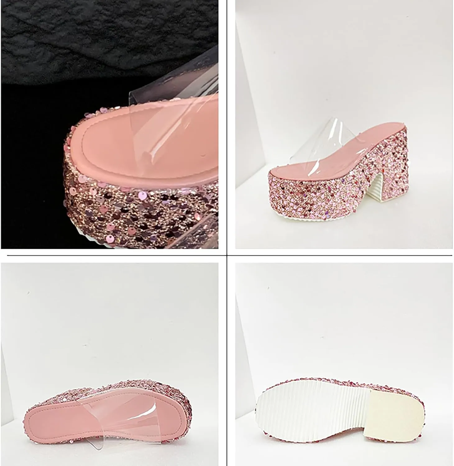Women's Clear Round Open Toe Platform Chunky Heel Slide Sandals Slip-On Fashionable Sequined High Block Heel Mule Sandals Wedding Party Dinner Dress Comfortable Wedge Chunky Heel Slippers