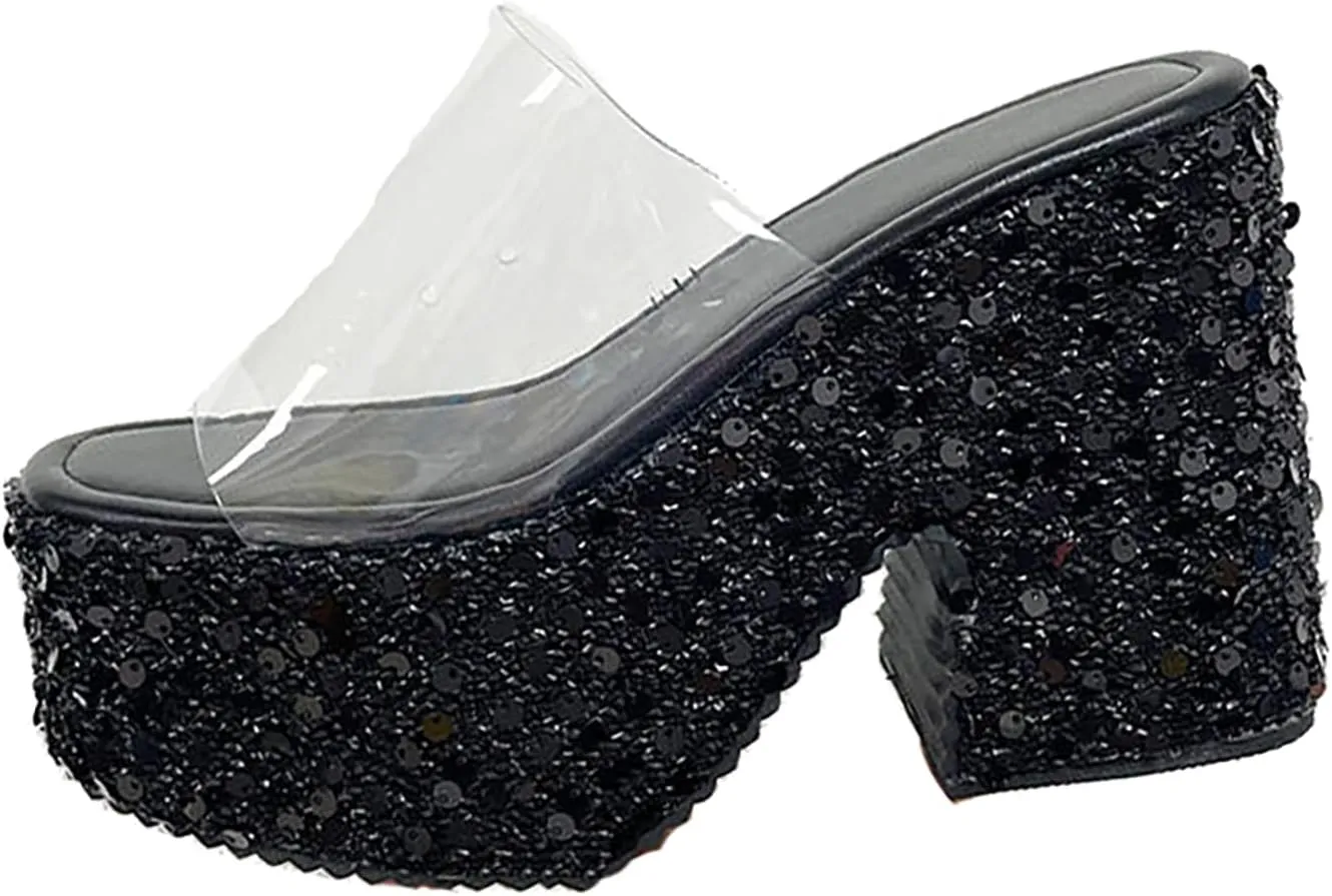 Women's Clear Round Open Toe Platform Chunky Heel Slide Sandals Slip-On Fashionable Sequined High Block Heel Mule Sandals Wedding Party Dinner Dress Comfortable Wedge Chunky Heel Slippers