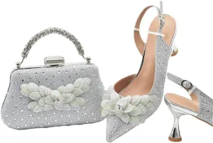Women's Diamond High Heel Pointed-Toe Pumps with Matching Bag Slingback Buckle Strap Elegant Party Shoes