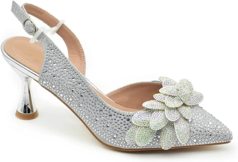 Women's Diamond High Heel Pointed-Toe Pumps with Matching Bag Slingback Buckle Strap Elegant Party Shoes