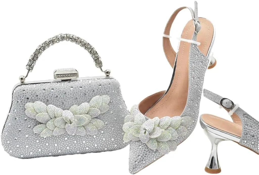 Women's Diamond High Heel Pointed-Toe Pumps with Matching Bag Slingback Buckle Strap Elegant Party Shoes