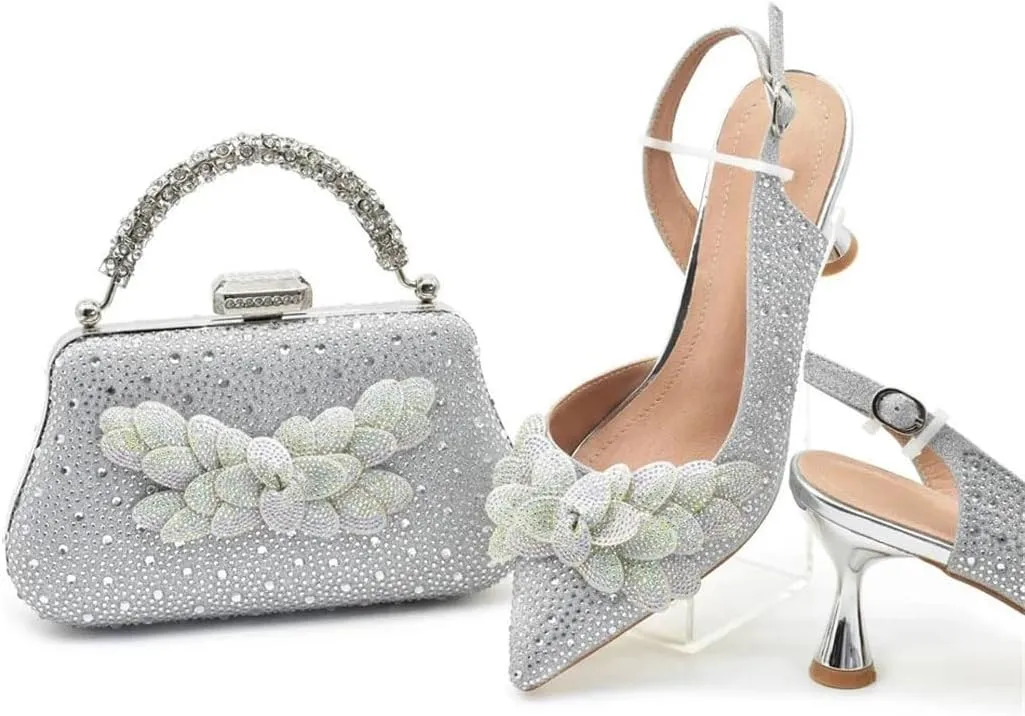 Women's Diamond High Heel Pointed-Toe Pumps with Matching Bag Slingback Buckle Strap Elegant Party Shoes