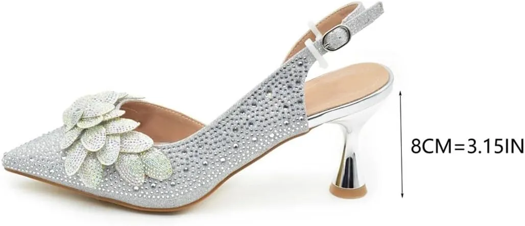 Women's Diamond High Heel Pointed-Toe Pumps with Matching Bag Slingback Buckle Strap Elegant Party Shoes