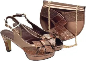 Women's Diamond Peep-Toe Medium Heel Pumps with Matching Bag Square Heel Wedding Shoes