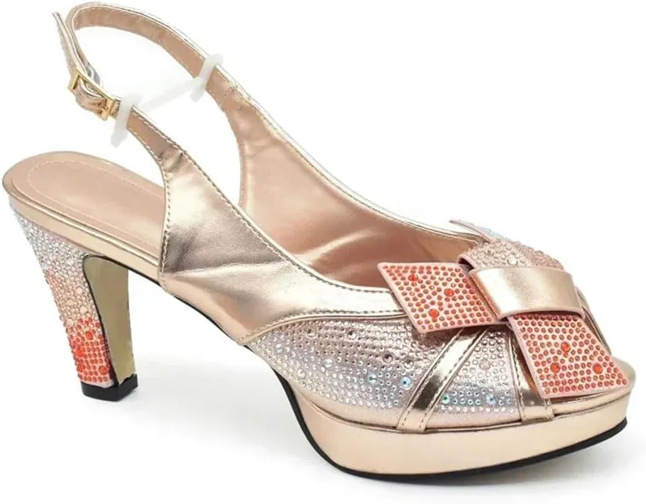 Women's Diamond Peep-Toe Medium Heel Pumps with Matching Bag Square Heel Wedding Shoes