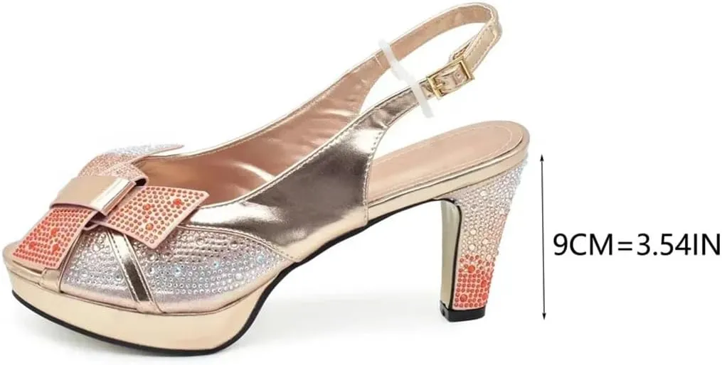 Women's Diamond Peep-Toe Medium Heel Pumps with Matching Bag Square Heel Wedding Shoes
