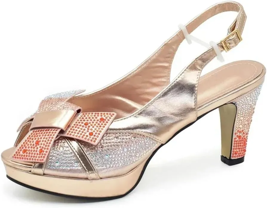 Women's Diamond Peep-Toe Medium Heel Pumps with Matching Bag Square Heel Wedding Shoes