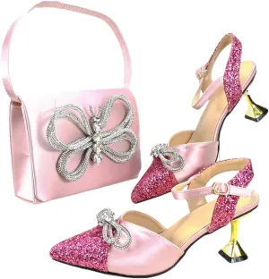 Women's Elegant Pointed Toe High Heel Pump and Bag Set with Buckle Strap for Evening Events