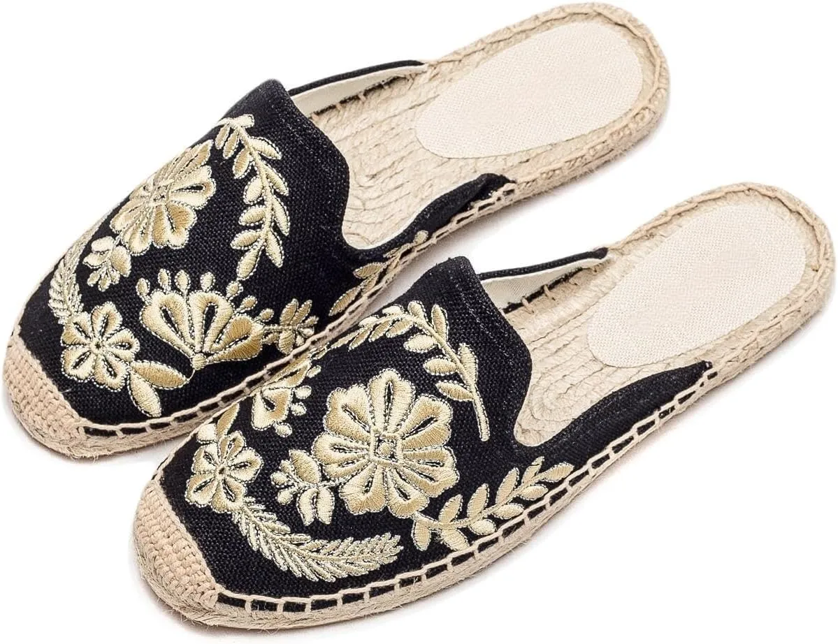 Womens Embroidery Espadrille Mules Flats - Fashion Flats Shoes Comfortable Mule Shoes Breathable Espadrilles Anti-Slip Slipper