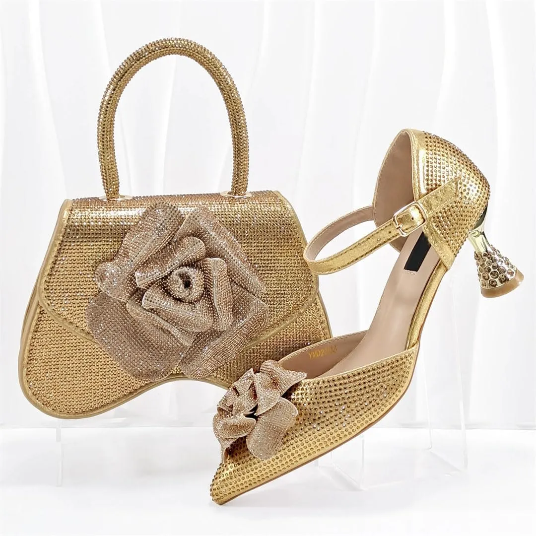 Women's Fashion Evening Party Shoes and Bag Set with Peep Toe Thin Heel Basic Pumps for Dress
