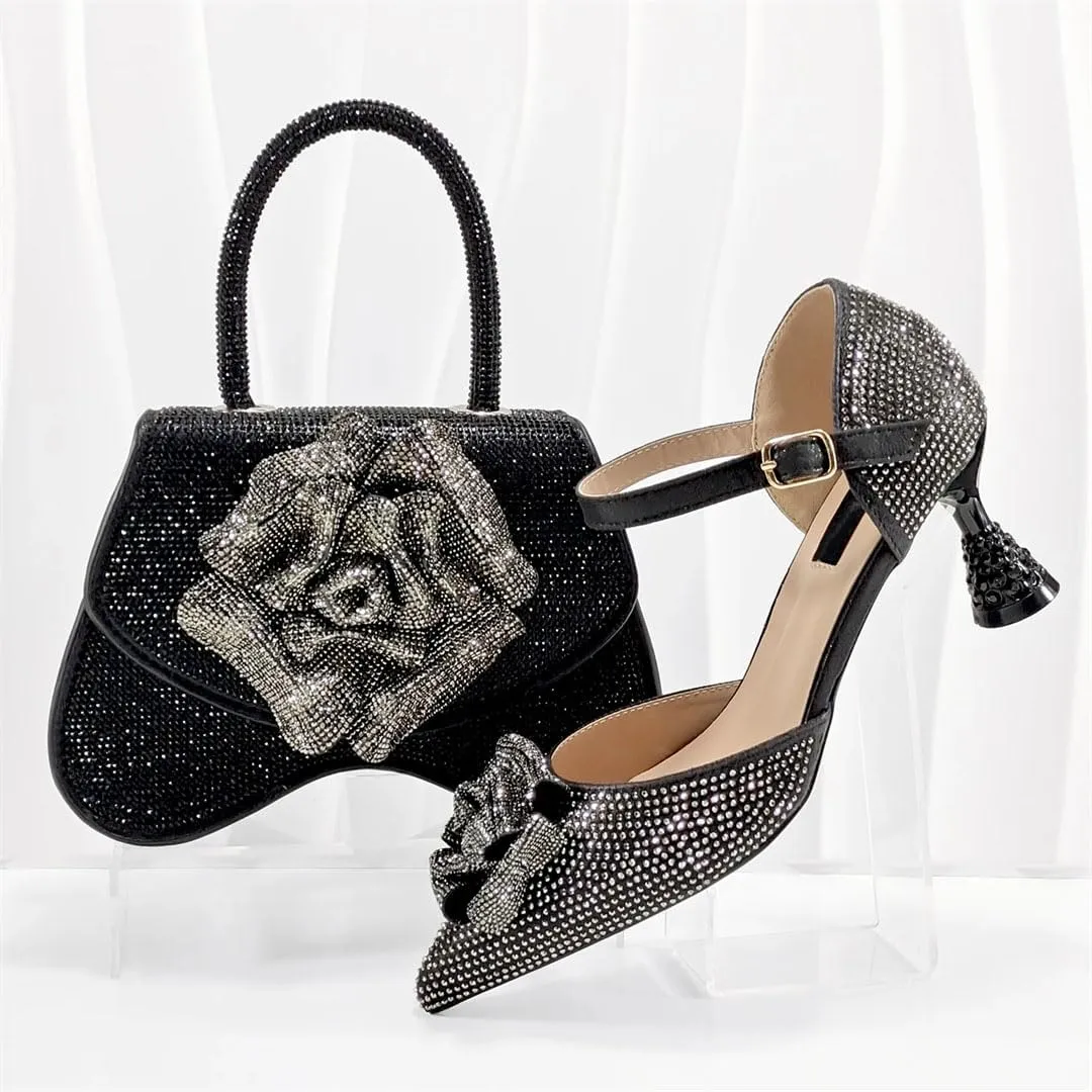 Women's Fashion Evening Party Shoes and Bag Set with Peep Toe Thin Heel Basic Pumps for Dress