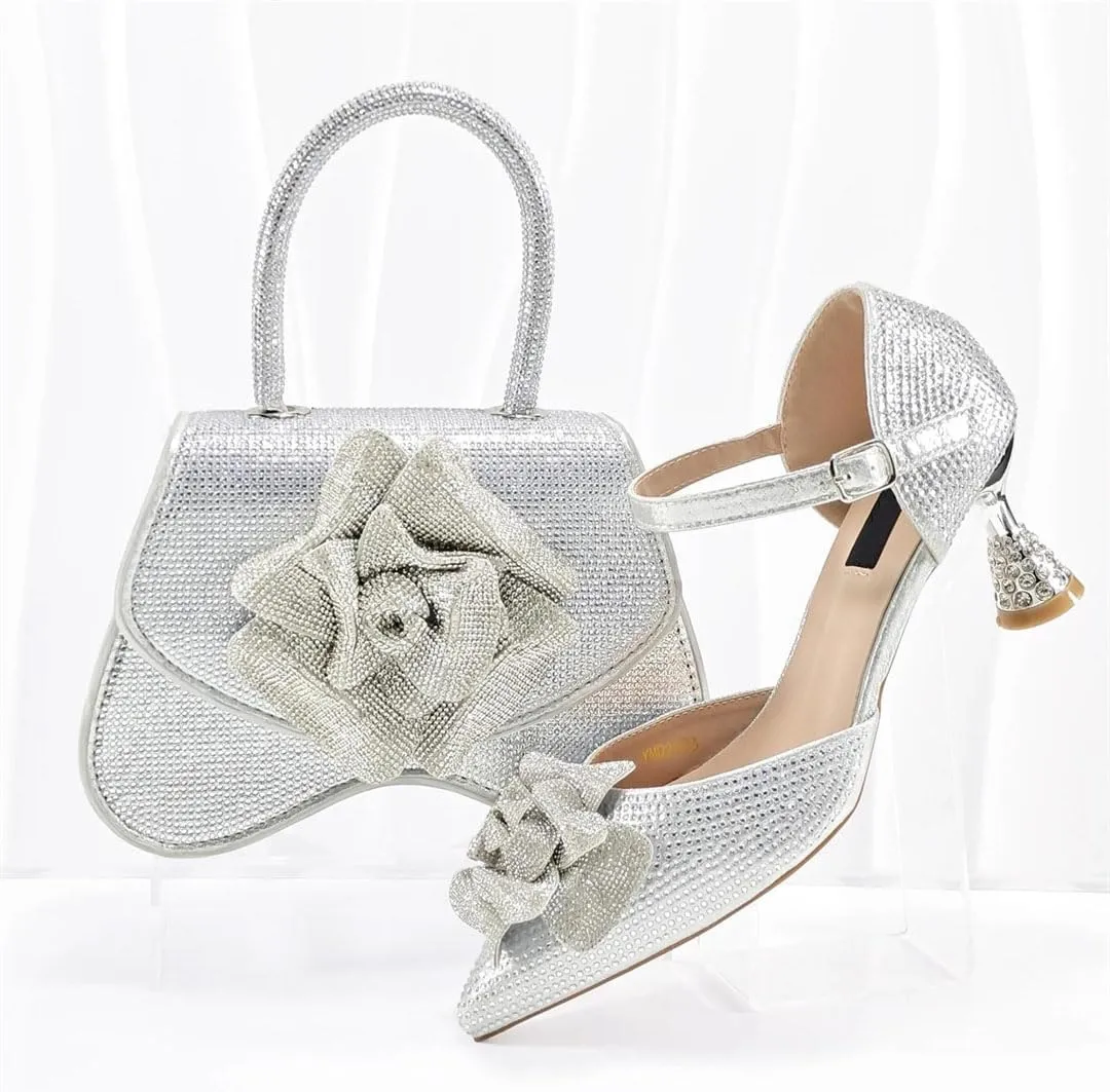 Women's Fashion Evening Party Shoes and Bag Set with Peep Toe Thin Heel Basic Pumps for Dress