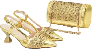 Women’S Fashion Italian Leather Shoes and Bag Set for Evening Party with Rhinestone Decorations and Soft Leather