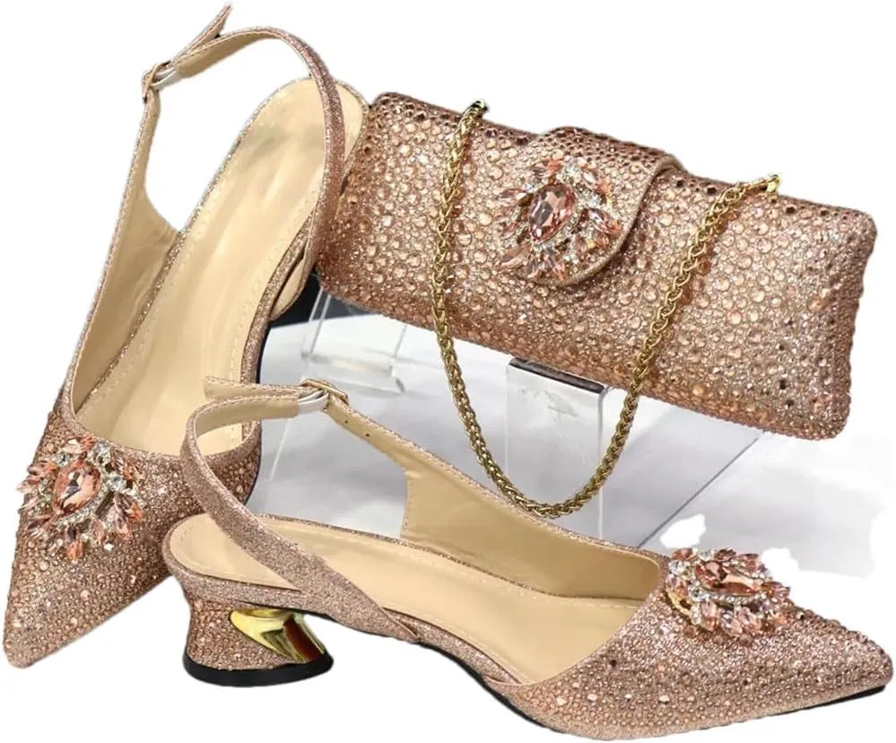 Women's Fashionable Pointed Toe Pump and Bag Set with Buckle Strap for Party and Wedding