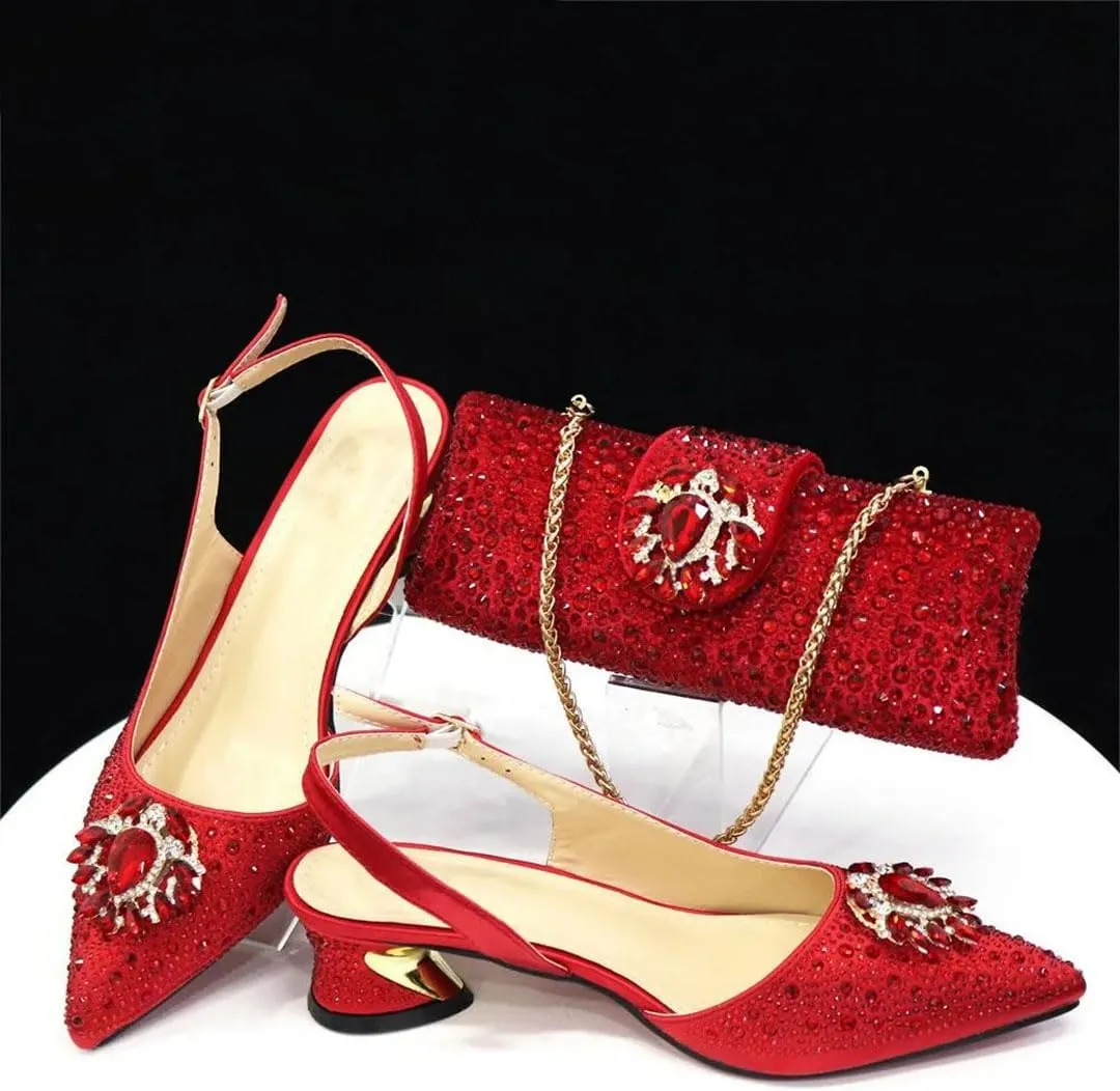 Women's Fashionable Pointed Toe Pump and Bag Set with Buckle Strap for Party and Wedding